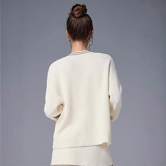 Damen lässiger Strickcardigan mit Kontraststreifen und Taschen WW