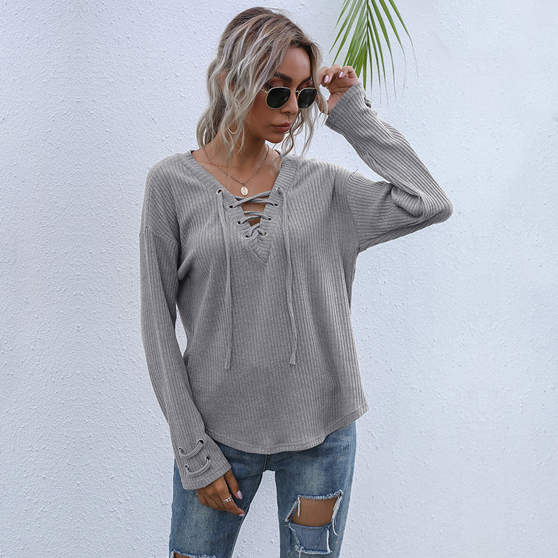 Damen lässiger Pullover mit V-Ausschnitt und Schnürung WW