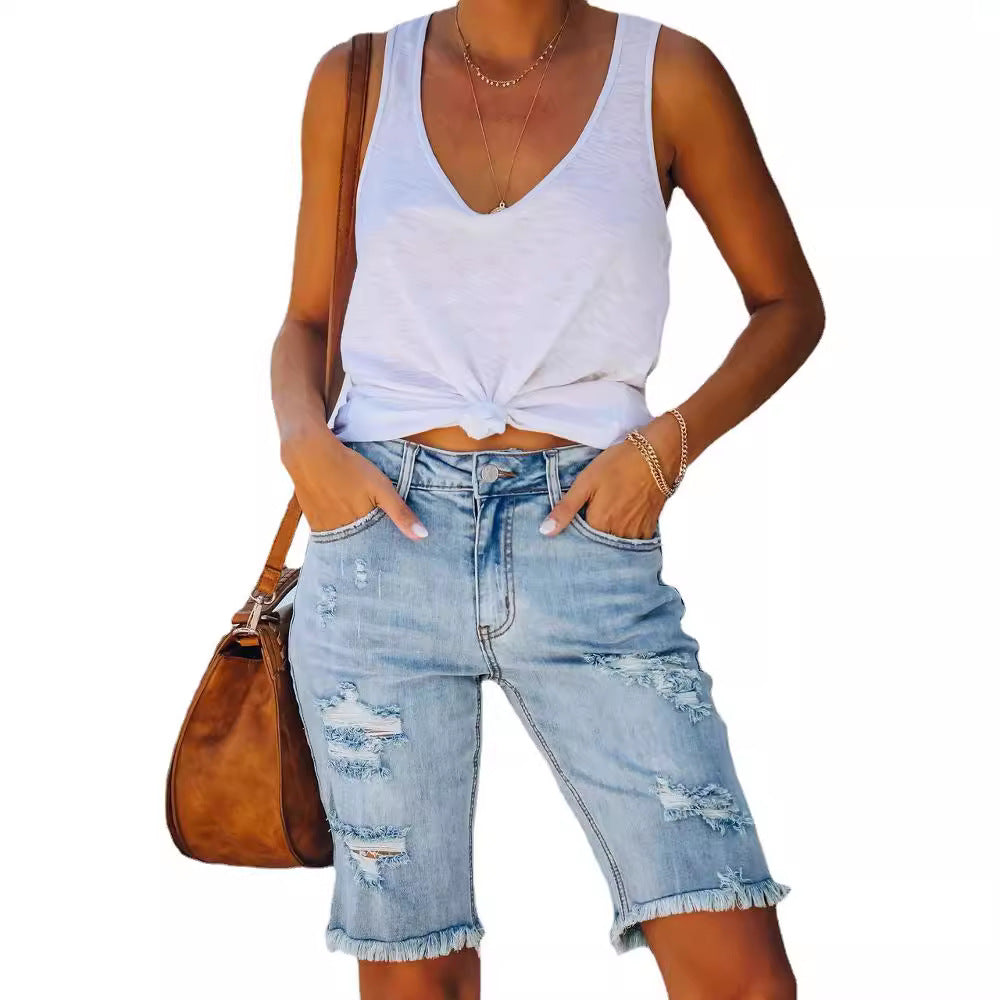 Damen lässige Denim-Shorts mit fransigem Saum und auffälligem Used-Look WW