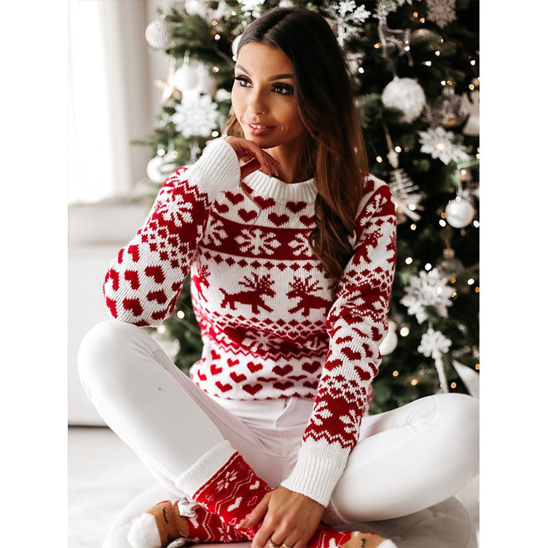Damen Strickpullover mit weihnachtlichem Muster und Rundhalsausschnitt WW
