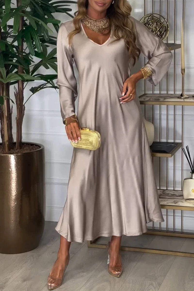 Damen elegantes Maxikleid mit tiefem V-Ausschnitt und fließendem Schnitt WW
