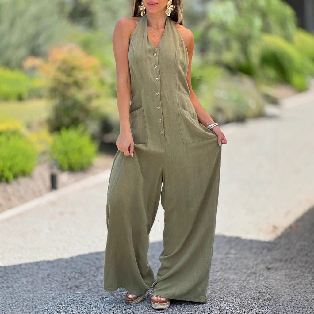 Damen Weit geschnittener Jumpsuit mit Knopfleiste und praktischen Taschen WW