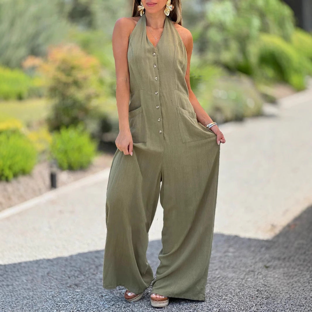 Damen Weit geschnittener Jumpsuit mit Knopfleiste und praktischen Taschen WW