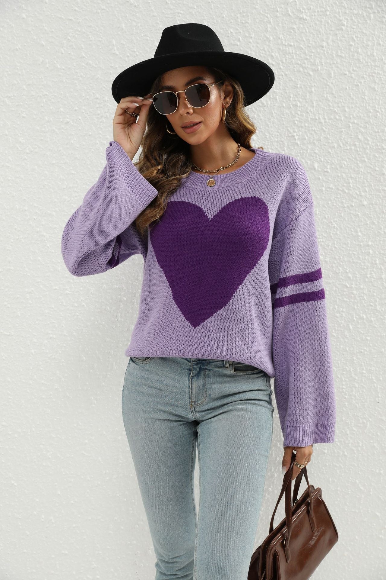Damen Strickpullover mit Herzmotiv und lässigen Ärmelabschlüssen WW