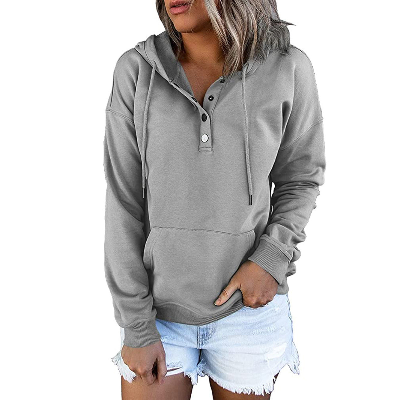 Damen lässiger Kapuzenpullover mit Druckknöpfchen und seitlichen Eingrifftaschen WW
