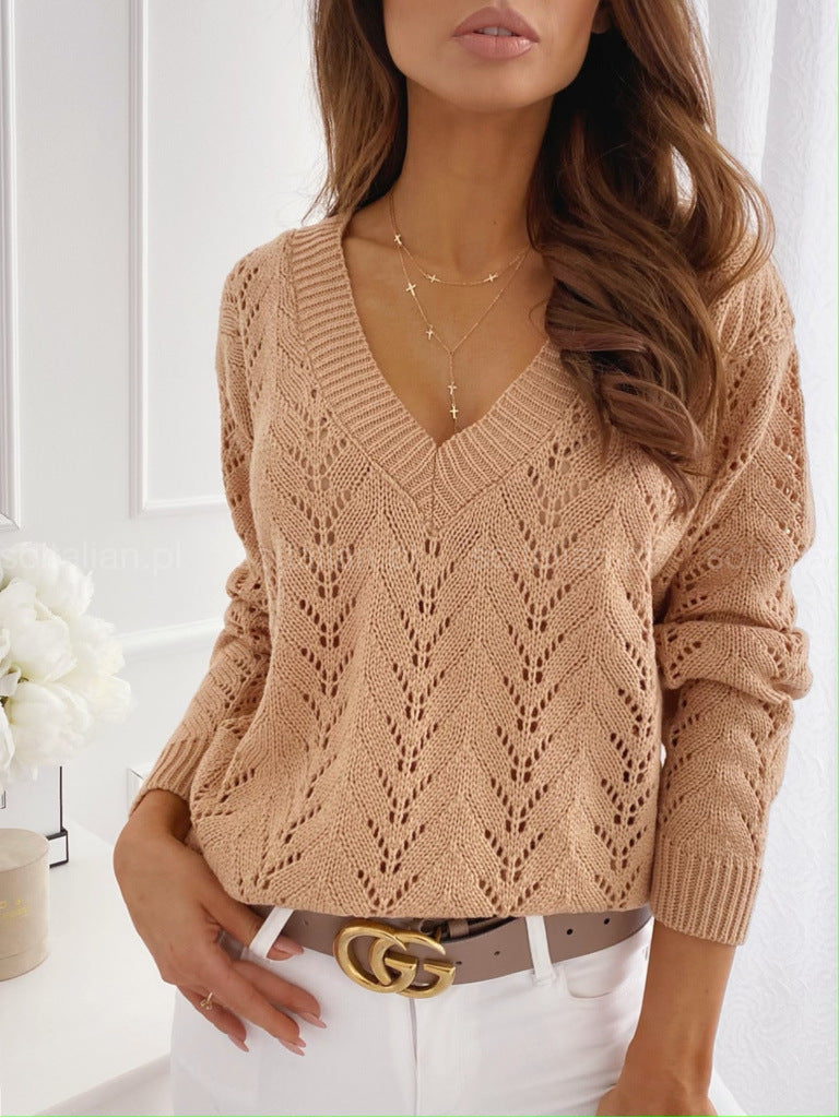 Damen eleganter Strickpullover mit V-Ausschnitt und nostalgischem Muster WW
