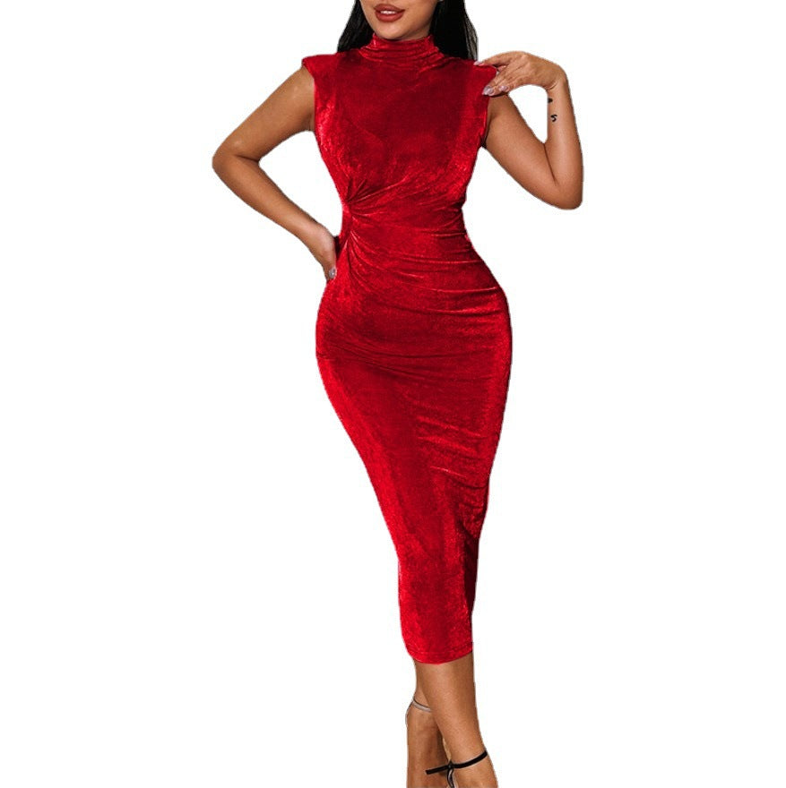Damen figurbetontes Midi-Kleid mit elegantem Stehkragen WW