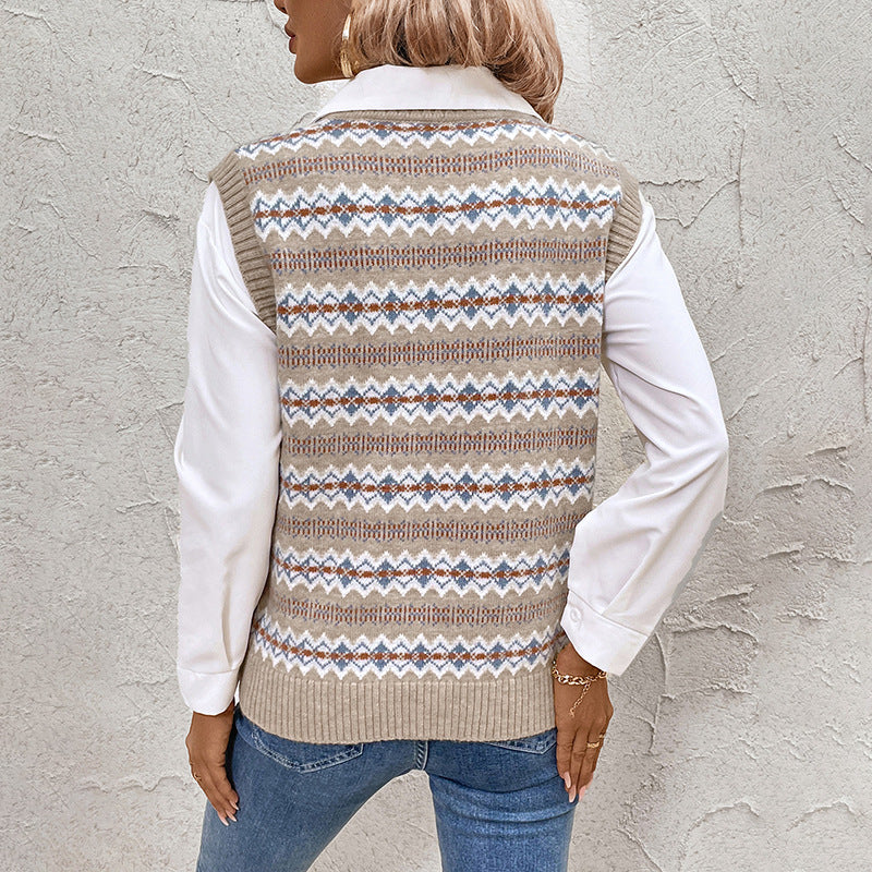 Damen Strickweste mit V-Ausschnitt und modischem Muster WW