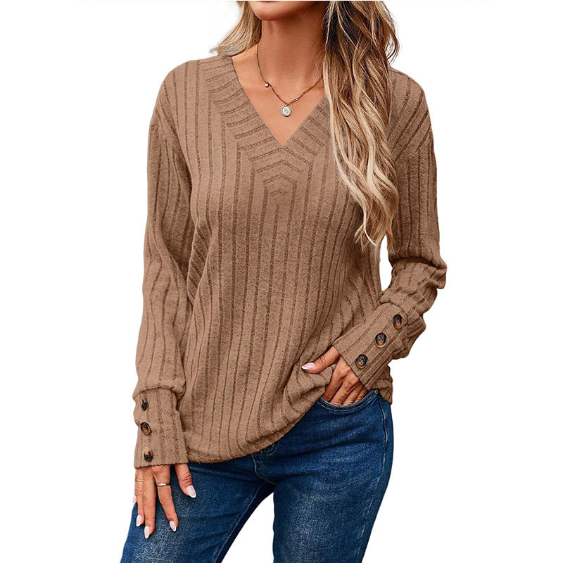 Damen V-Ausschnitt Knopf-Detail gestreifter Pullover WW