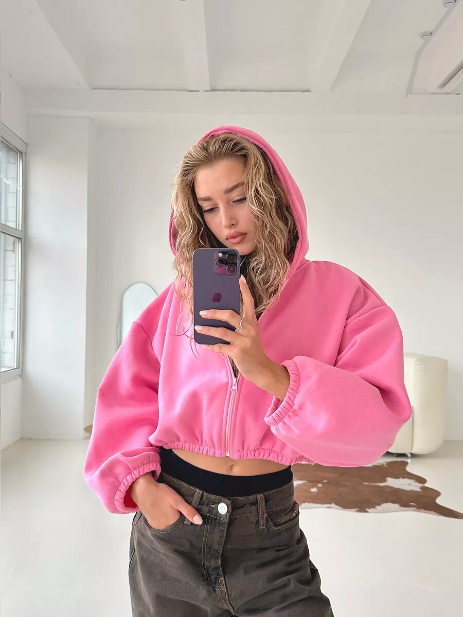 Damen cropped Kapuzenpullover mit oversized Ärmel WW