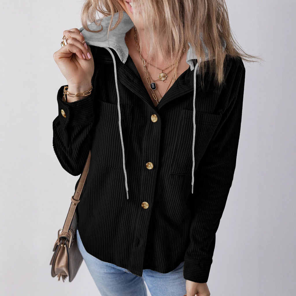Damen lässige Overshirt-Jacke mit verstellbarem Kapuzenkragen und knopfverziertem Design WW