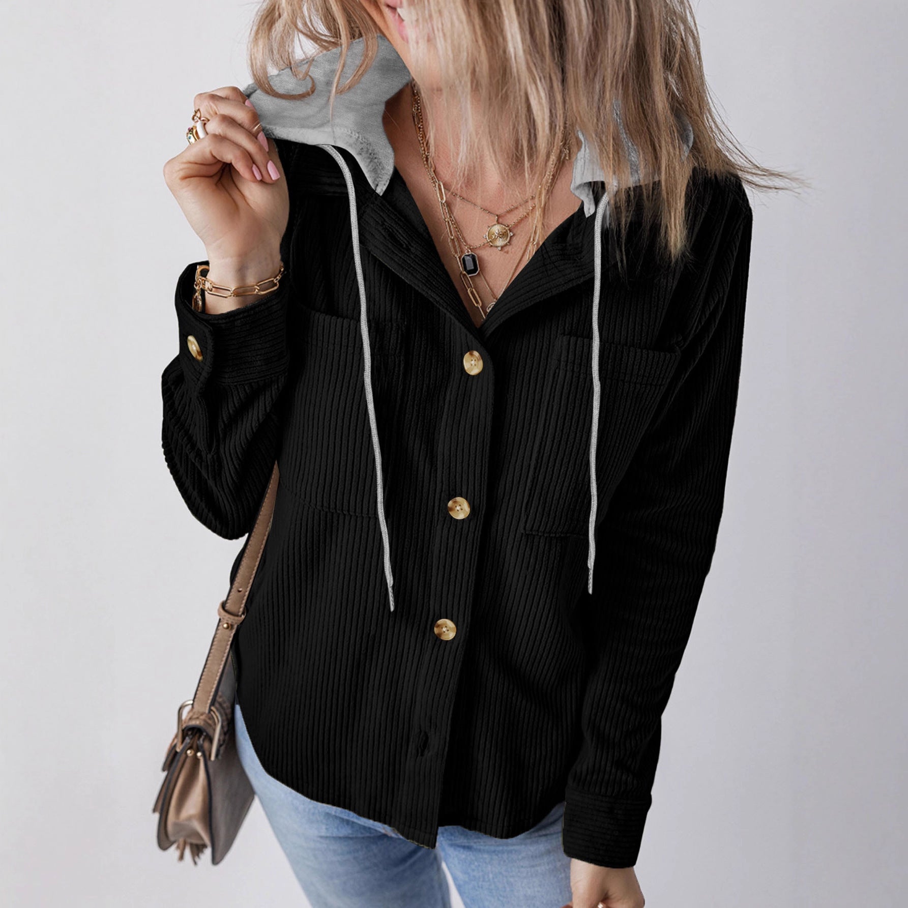 Damen lässige Overshirt-Jacke mit verstellbarem Kapuzenkragen und knopfverziertem Design WW