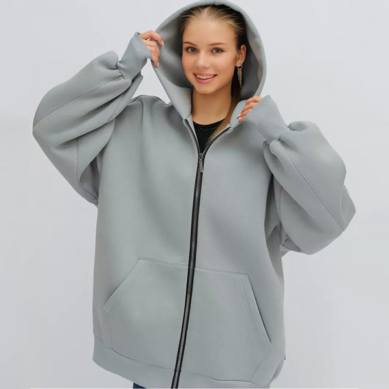 Damen lässiger Oversized Zip-Hoodie mit tiefen Taschen WW