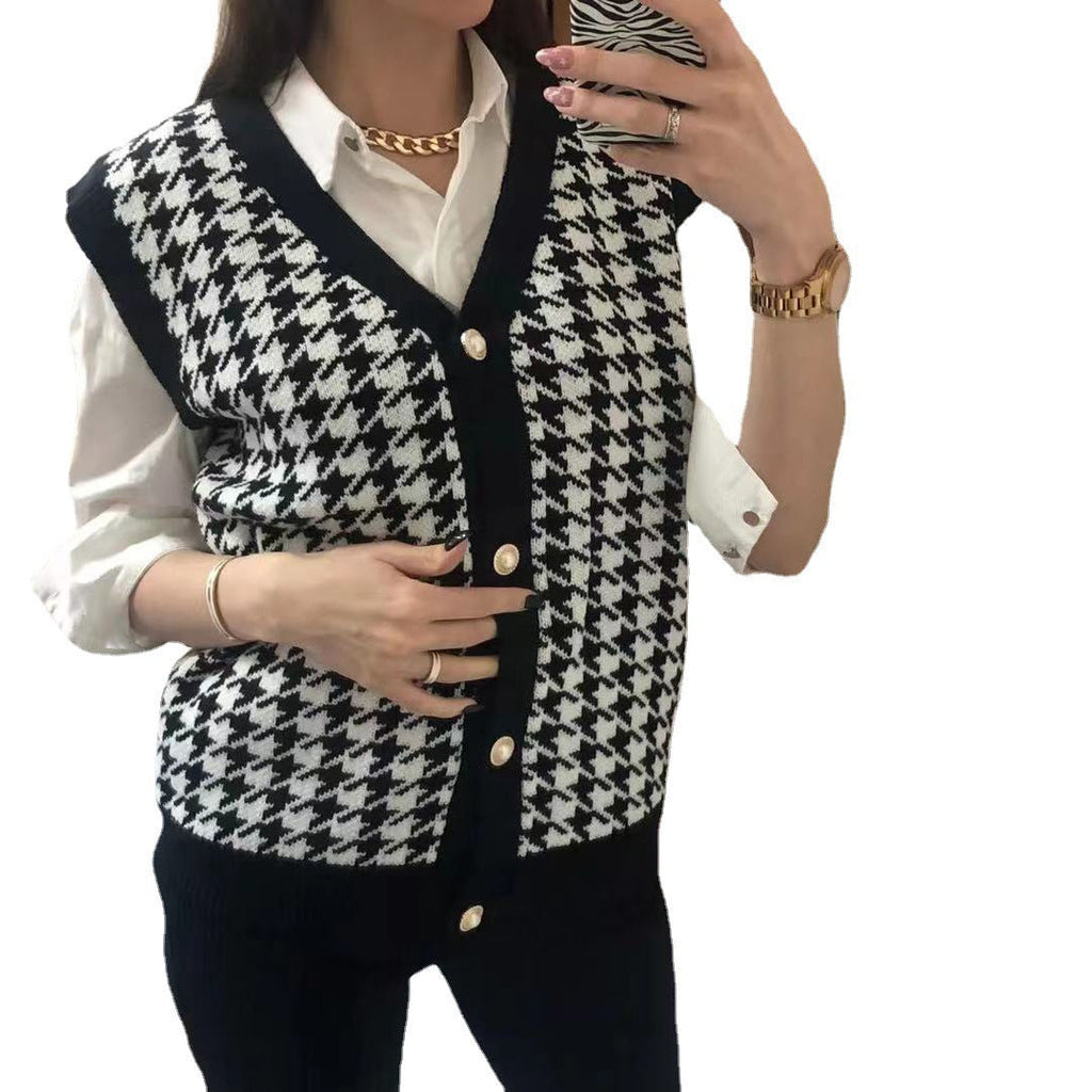 Damen Ärmellose Strickweste mit klassischem Karomuster und dekorativen Knöpfen WW