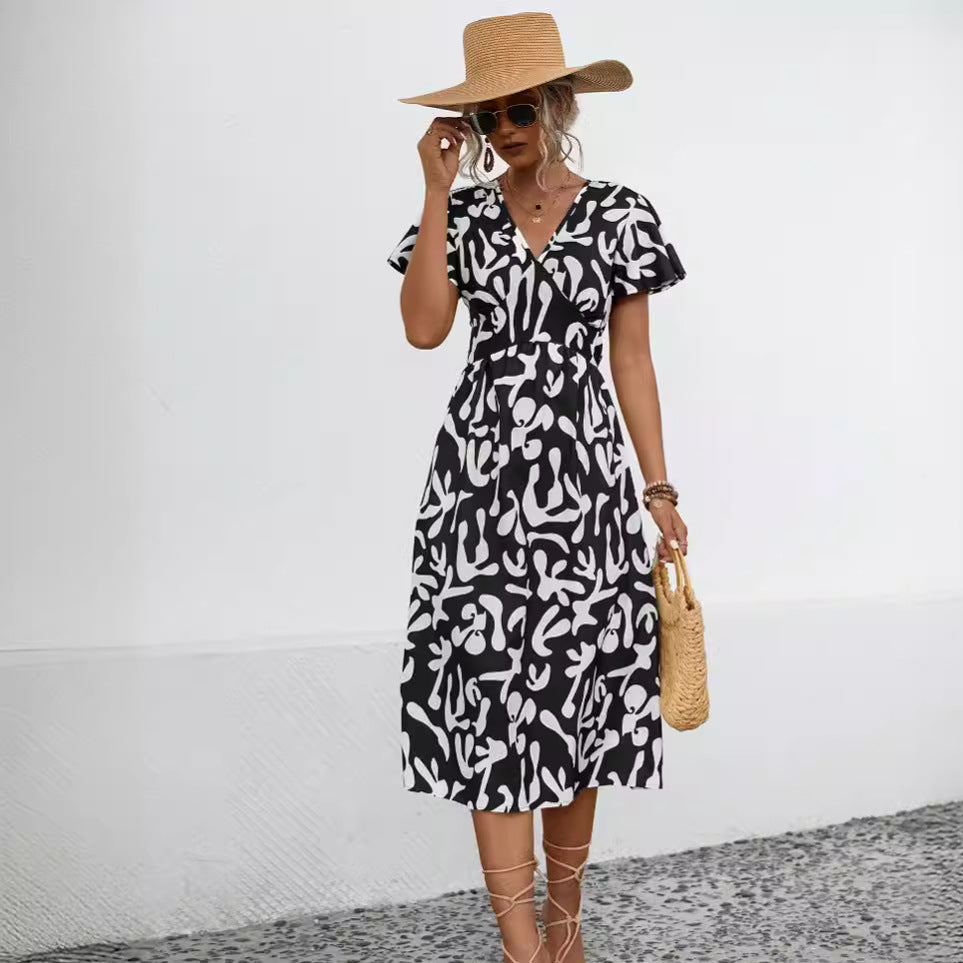 Damen Midi-Kleid mit V-Ausschnitt und fließenden Rüschendetails WW