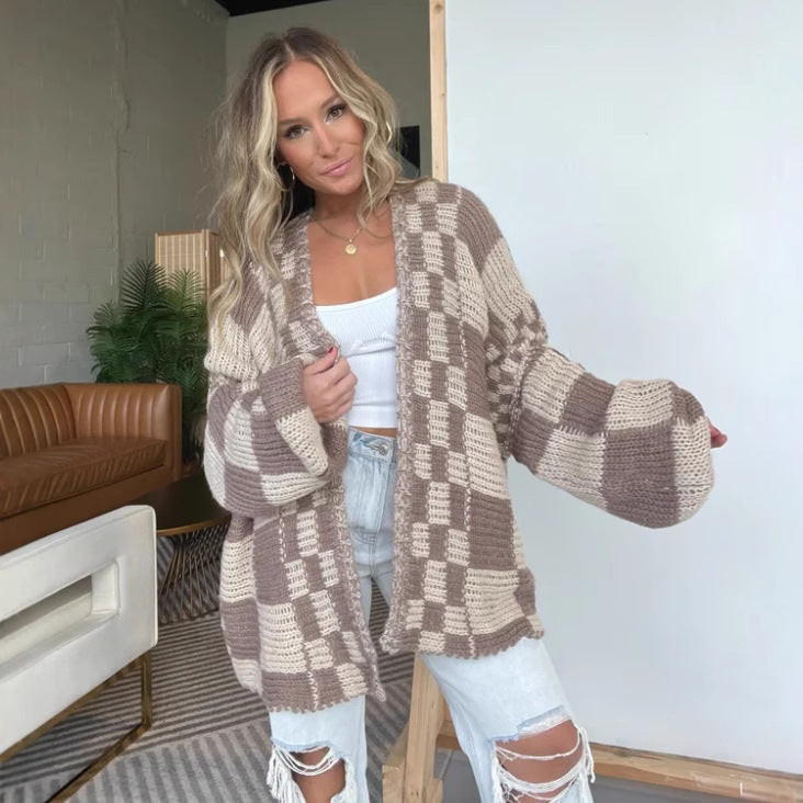 Damen lässiger Strickcardigan mit Karomuster und oversized Schnitt WW