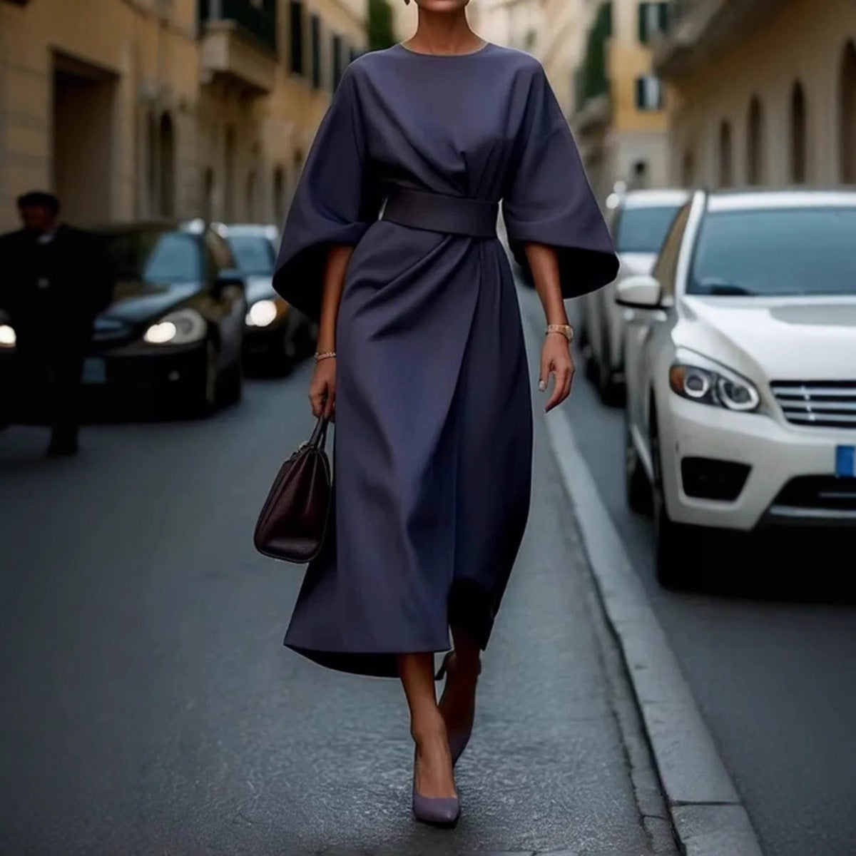Damen modernes Maxikleid mit voluminösen Ärmeln und Taillengürtel WW