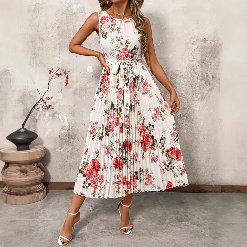 Damen Plisseekleid mit floralem Muster und Gürtel WW