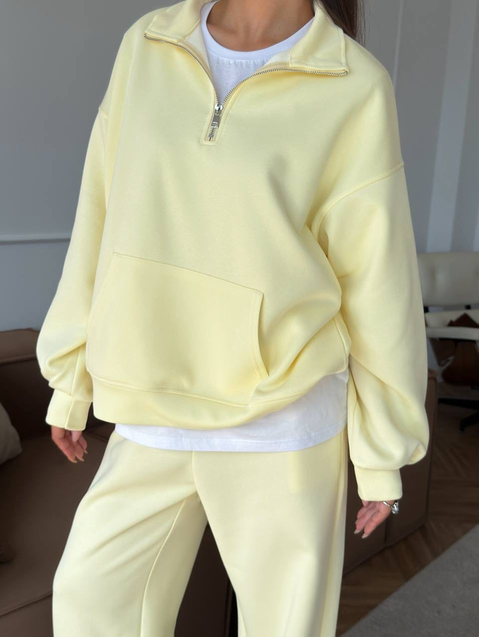 Damen lässiges Fleece-Set mit hochgeschlossenem Reißverschluss und weiten Beinen WW