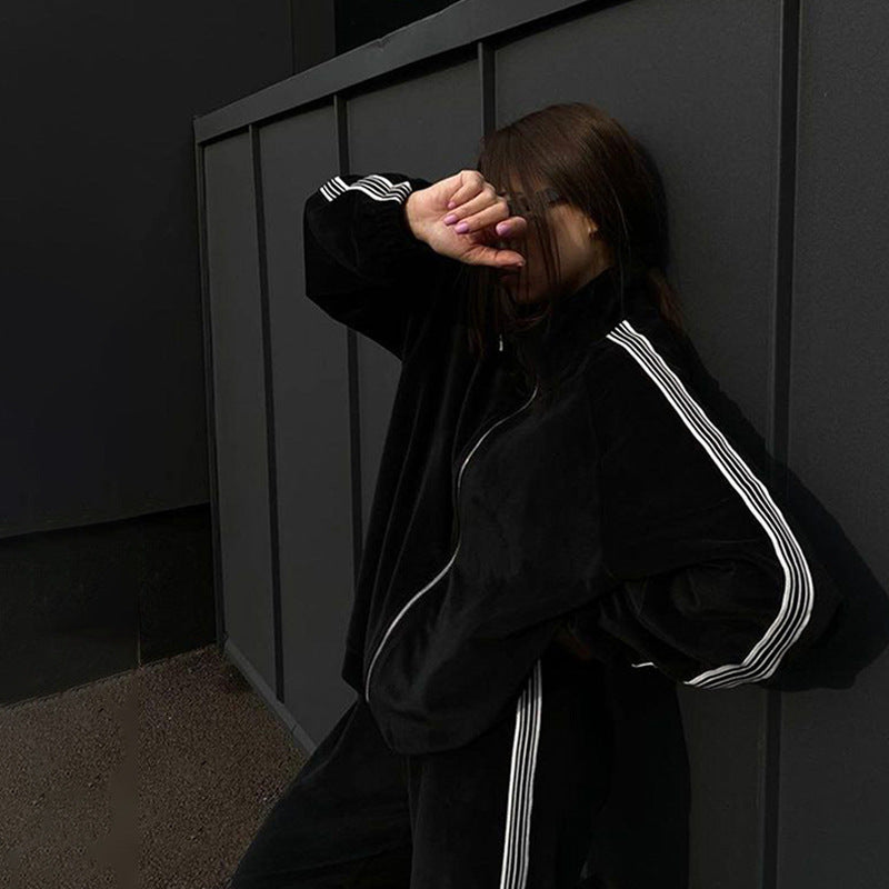 Damen sportliches Fleece-Loungewear-Set mit hohem Kragen und elastischem Bund WW