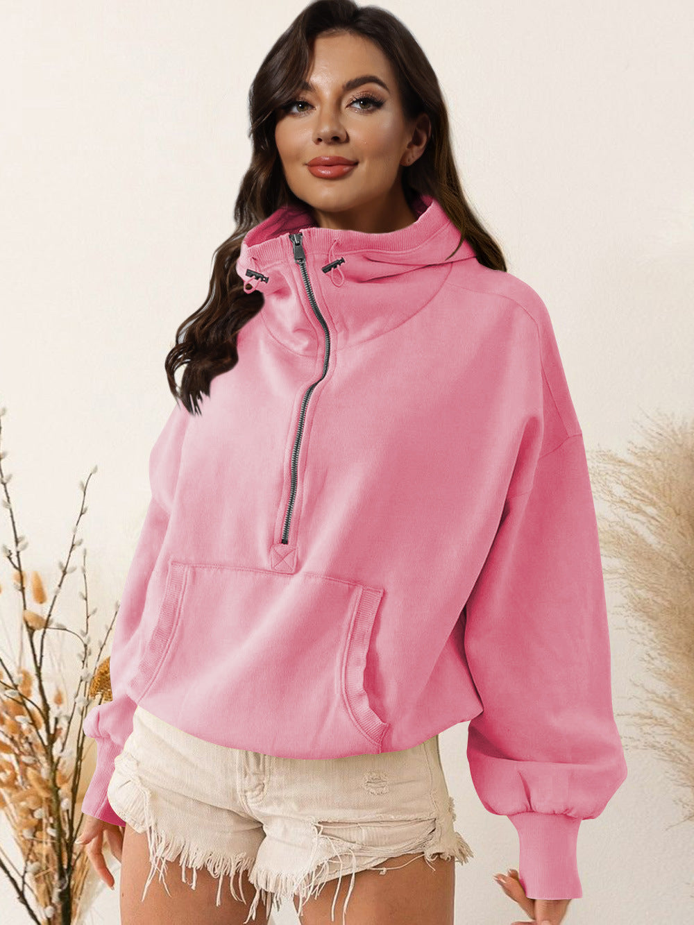 Damen Oversized Sweatshirt mit hohem Kragen und Reißverschluss WW