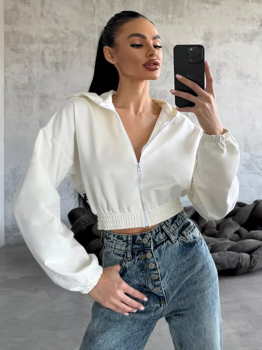 Damen lässiger Cropped Hoodie mit praktischem Reißverschluss und elastischem Bund WW