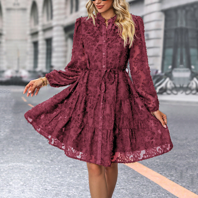 Damen Kleid im romantischen Boho-Stil mit Knopfverschluss und Bindegürtel WW