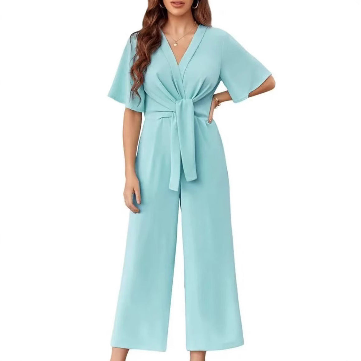 Damen Jumpsuit mit Taillenknoten und weitem Bein WW