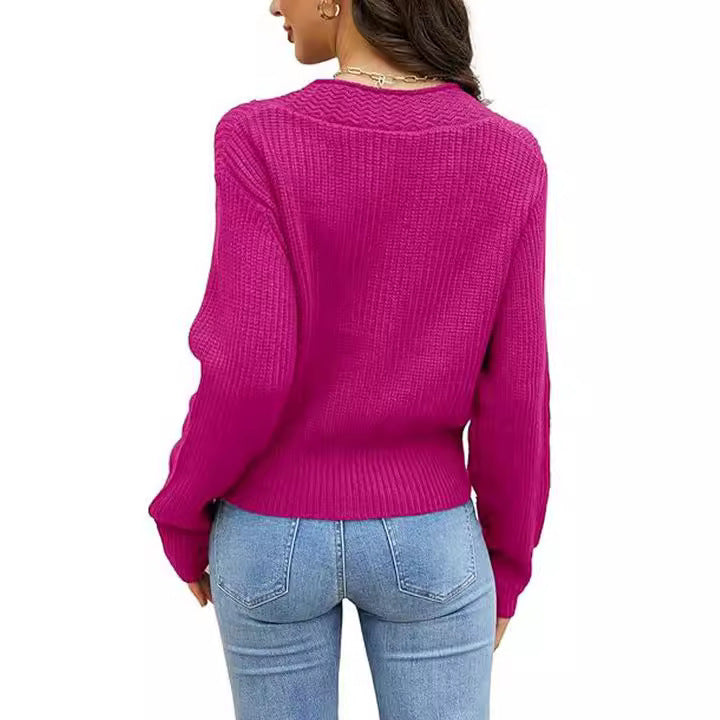 Damen modischer Grobstrick-Pullover mit Knopfleiste und tiefem V-Ausschnitt WW