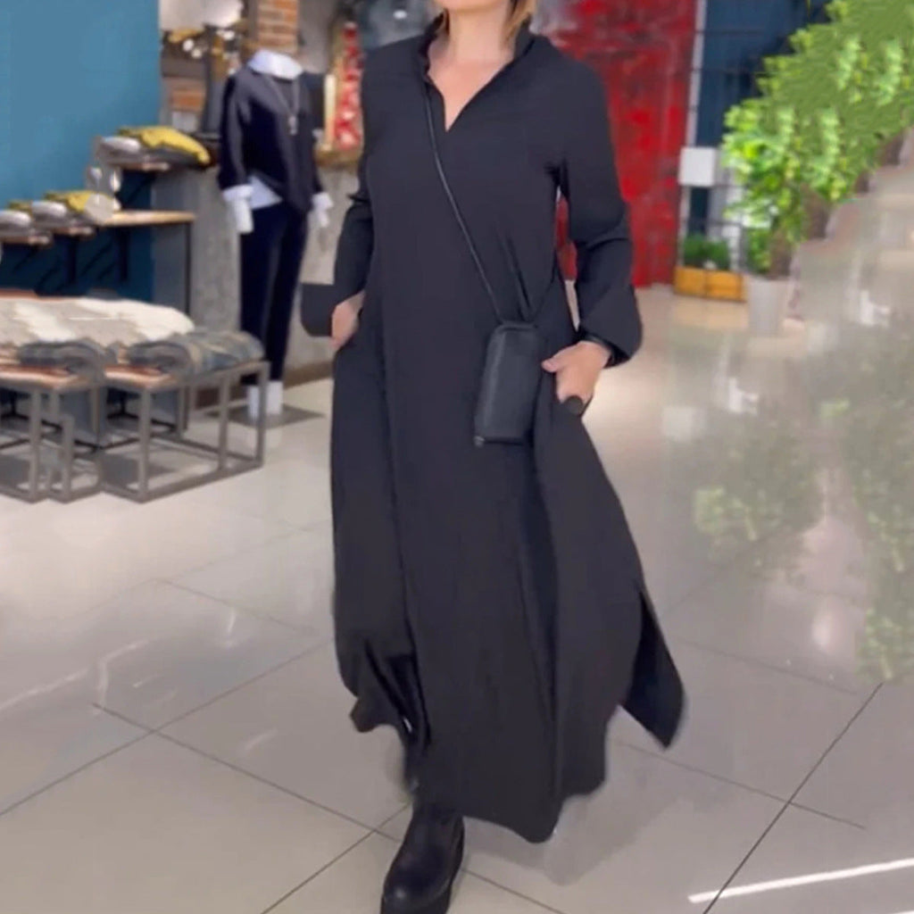 Damen elegantes Maxikleid mit praktischen Taschen und modernem Stehkragen WW