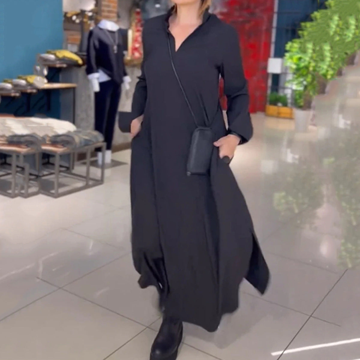 Damen elegantes Maxikleid mit praktischen Taschen und modernem Stehkragen WW