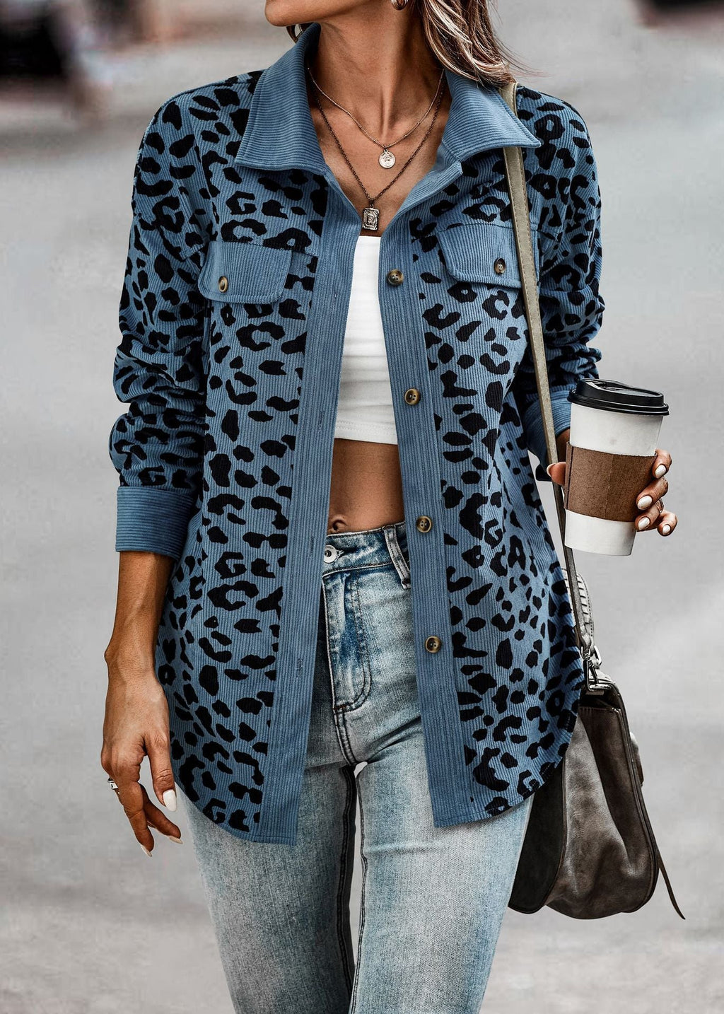 Damen Stilvolle Übergroße Leopardenmuster Jacke WW