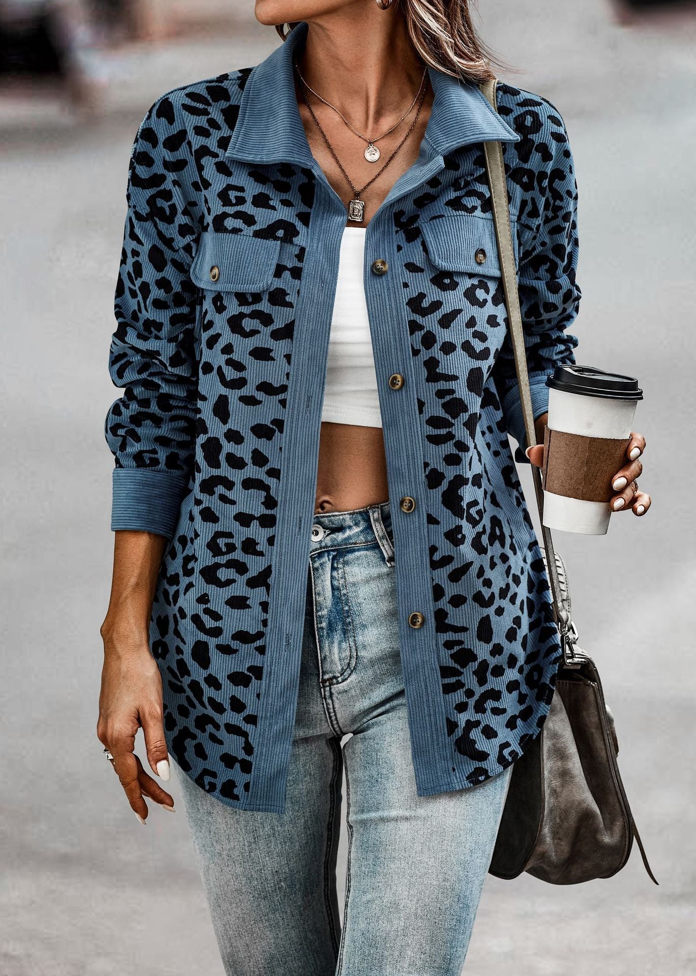 Damen Stilvolle Übergroße Leopardenmuster Jacke WW