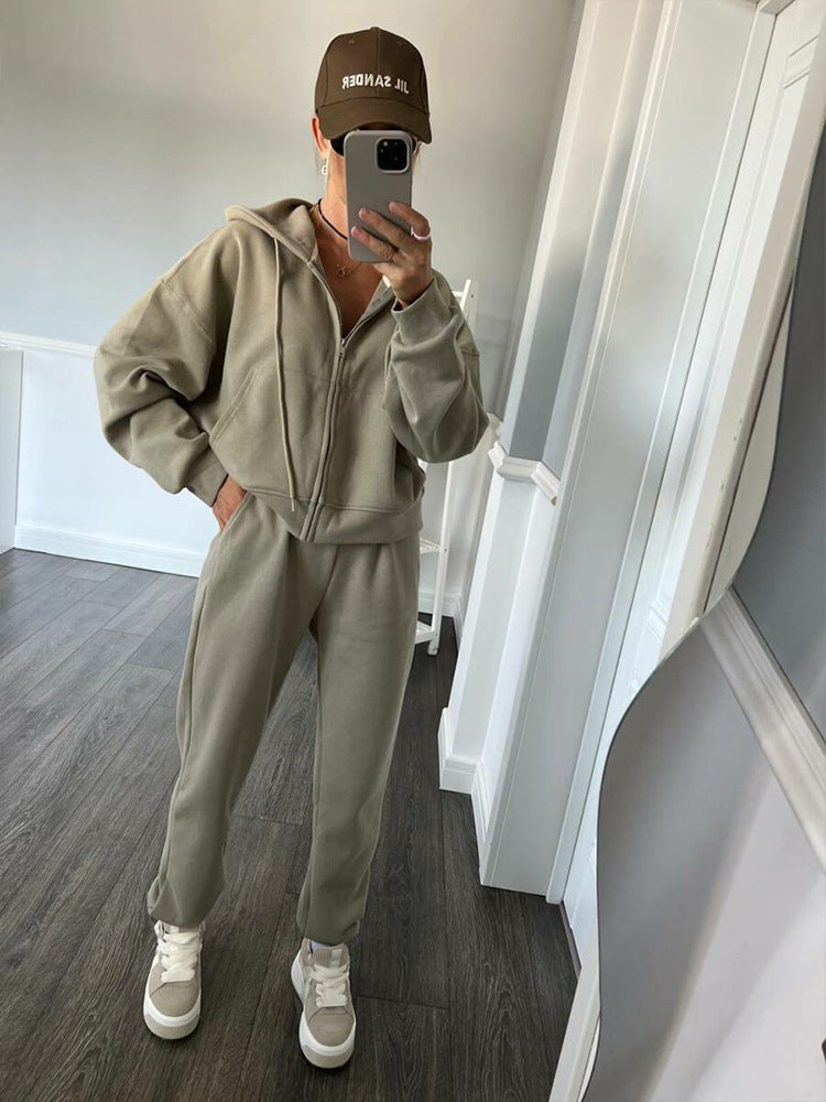 Damen sportliches Fleece-Jogginganzug mit praktischer Kapuze und elastischem Bund WW