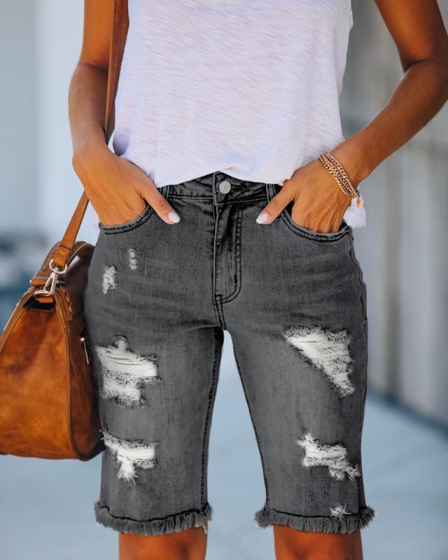 Damen lässige Denim-Shorts mit fransigem Saum und auffälligem Used-Look WW