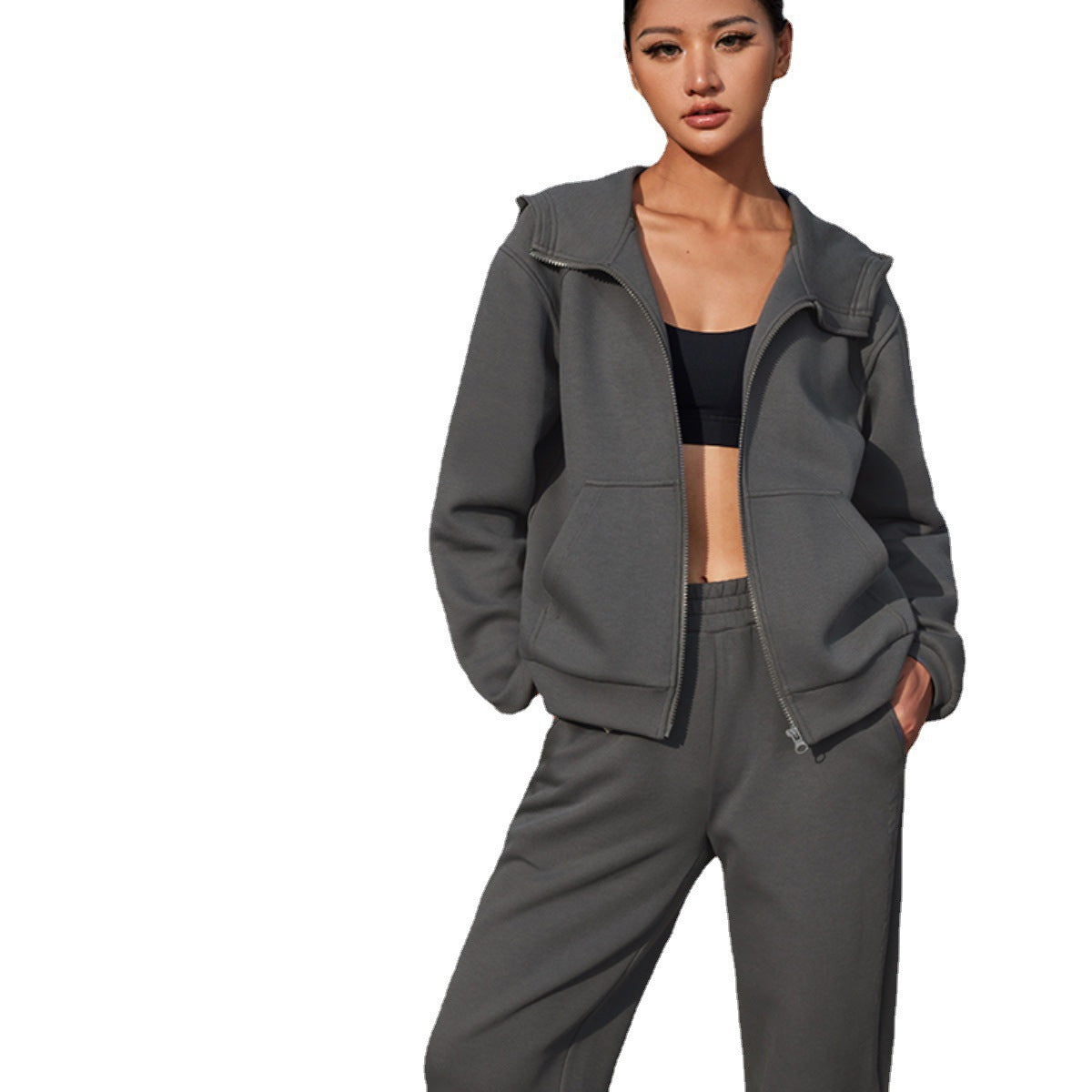 Damen sportliches Fleece-Set mit funktionalem Reißverschluss und lässigem Schnitt WW
