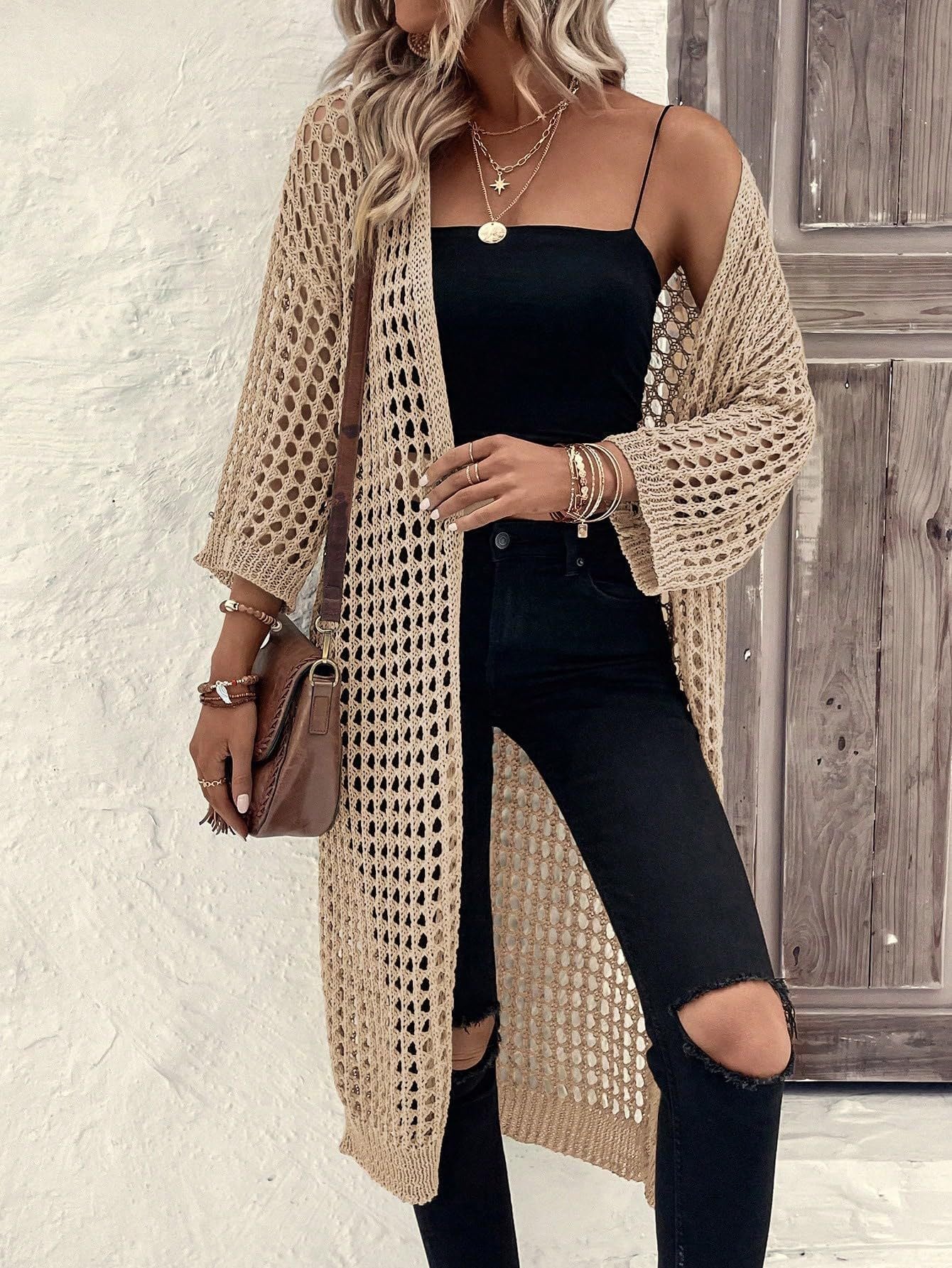 Damen luftige Häkeljacke im Boho-Stil mit weitem Schnitt WW