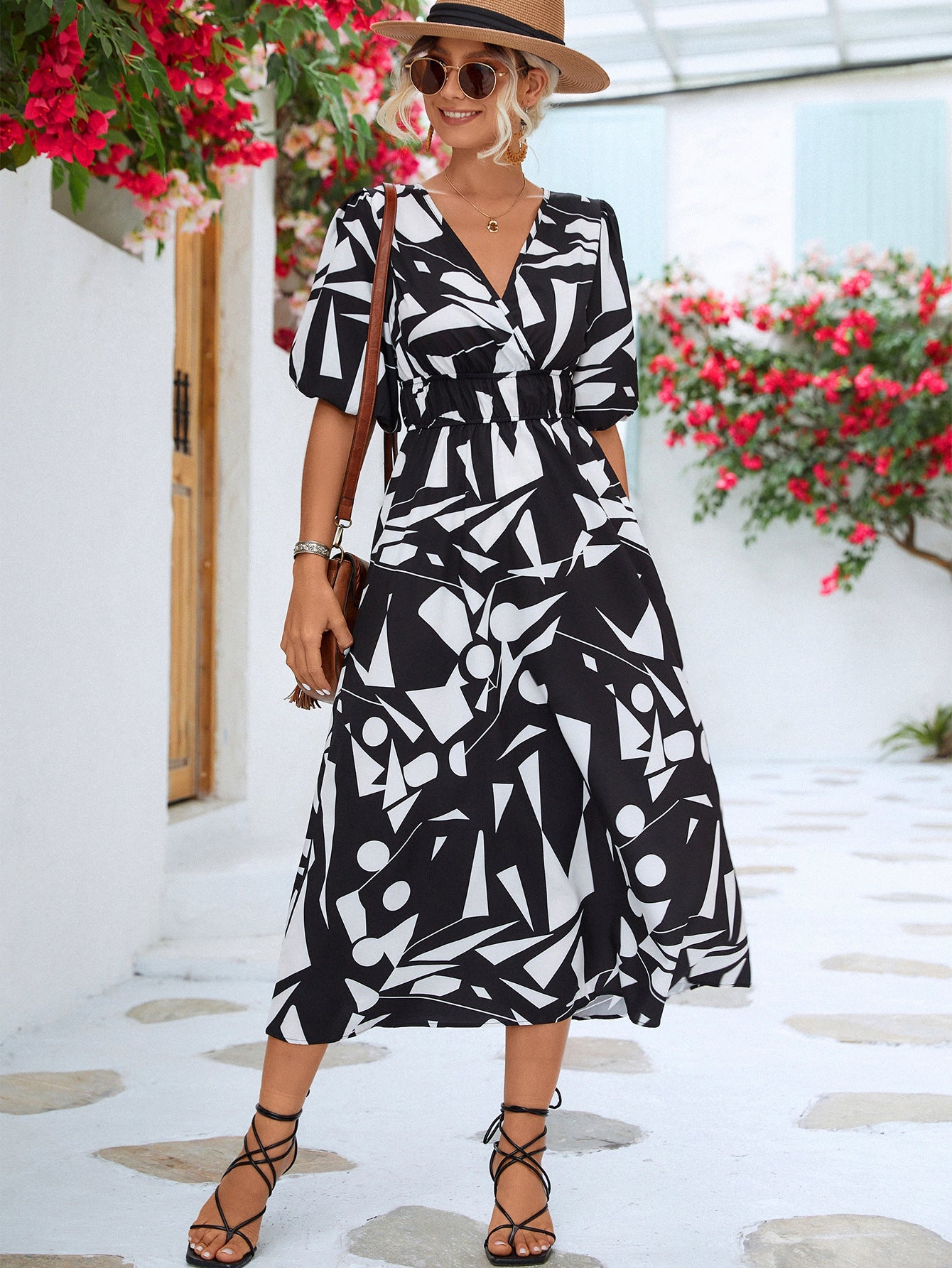 Damen Midi-Kleid mit grafischem Muster und elastischem Bund WW
