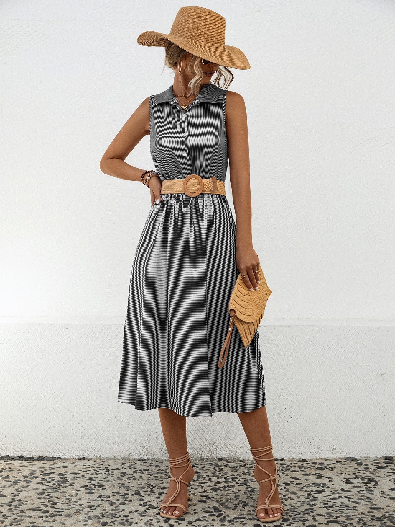 Damen Hemdblusenkleid im lässigen Freizeitstil mit Taillengürtel und Knopfdetails WW