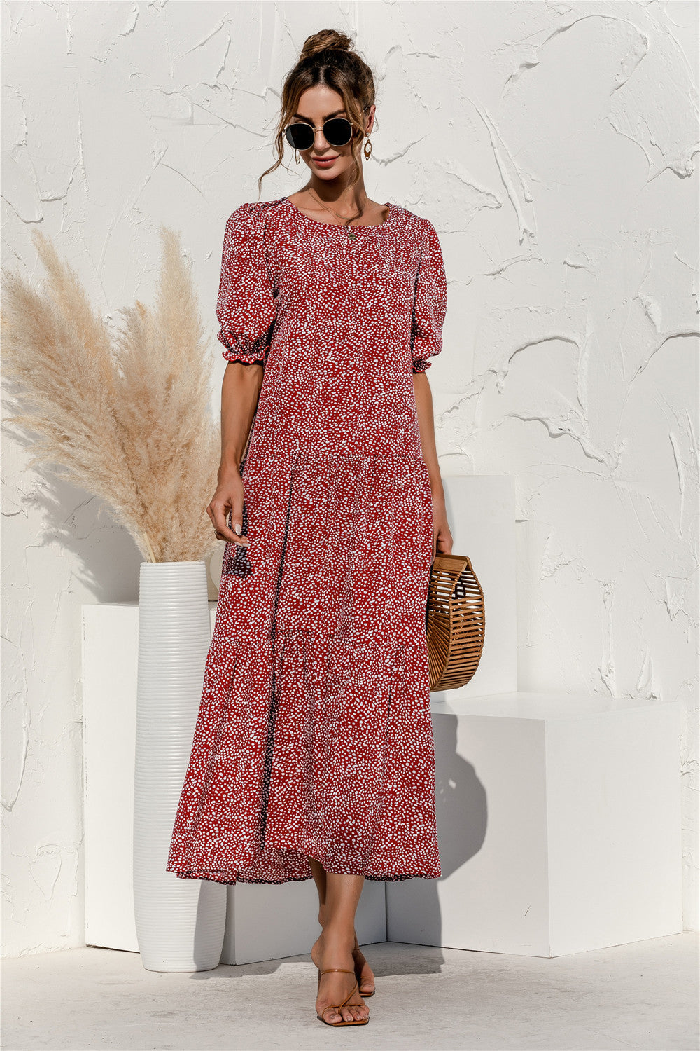 Damen Maxikleid mit Karomuster und voluminösen Puffärmeln WW