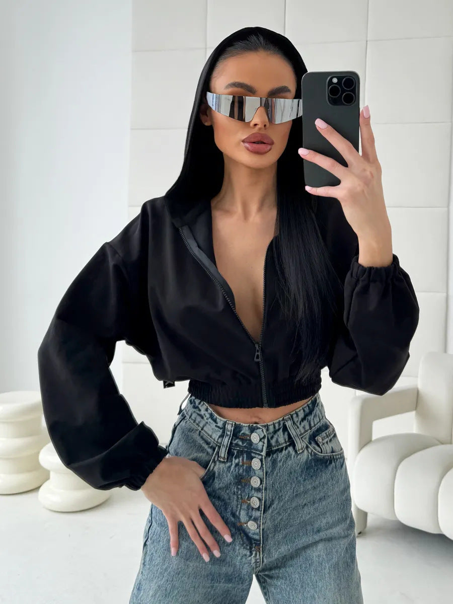 Damen lässiger Cropped Hoodie mit praktischem Reißverschluss und elastischem Bund WW