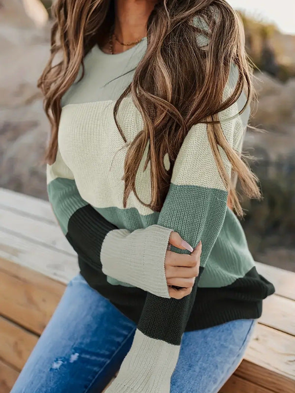 Damen modischer Strickpullover mit modernem Streifen-Design und langen Ärmeln WW