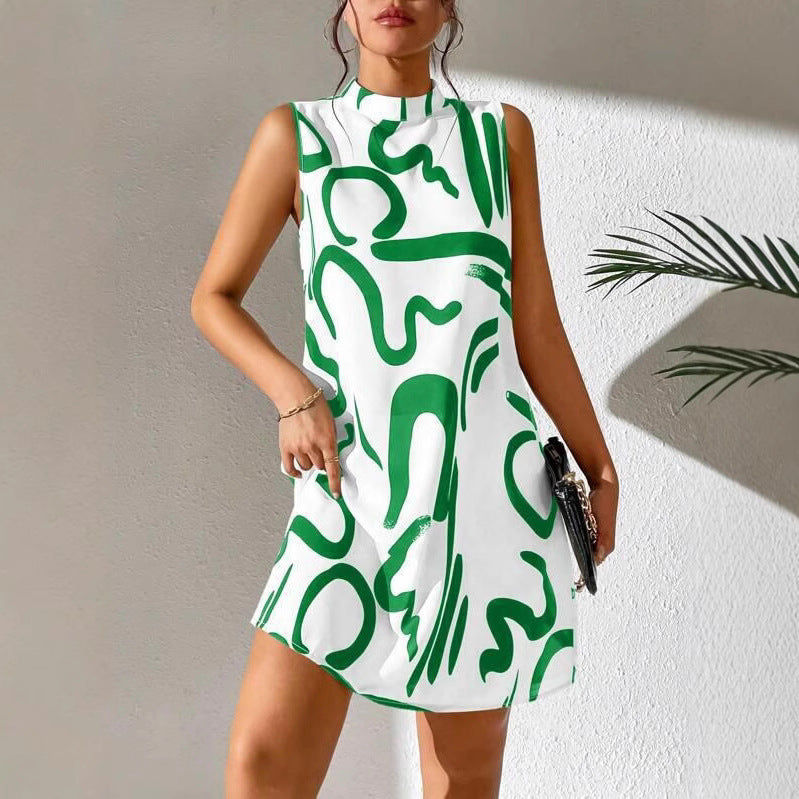 Damen A-linien Minikleid mit modernem grafischem Muster und Stehkragen WW