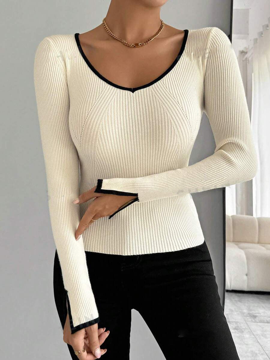Damen modisches Strickoberteil mit tiefem V-Ausschnitt und eleganter Rippstruktur WW