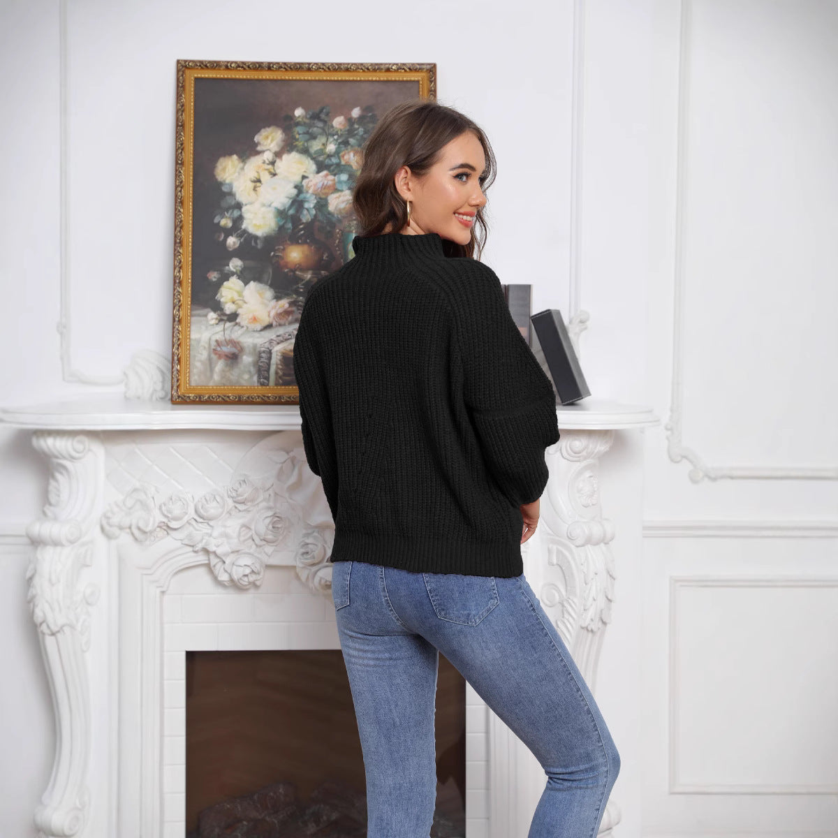 Damen Grobstrick Pullover mit hochgeschlossenem Kragen WW
