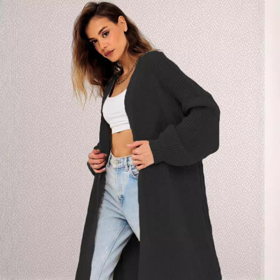 Damen Langer gestrickter Cardigan mit lässigem Schnitt und strukturierter Textur WW
