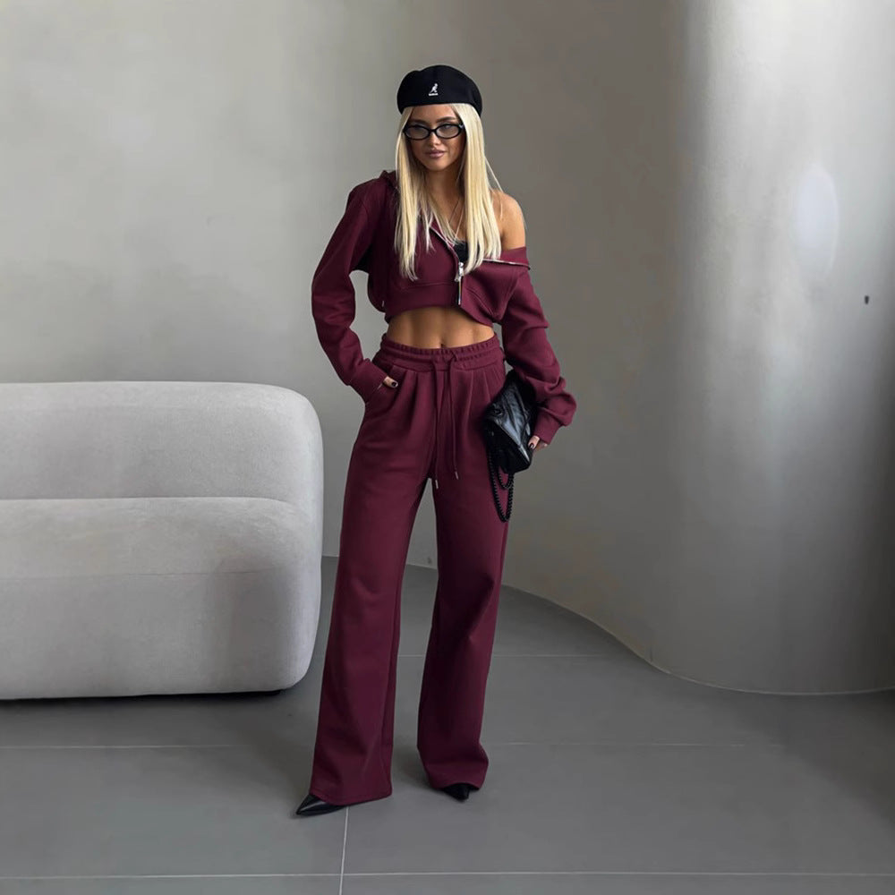 Damen stylisches Crop-Set aus Kapuzenpullover und bequemen Jogginghosen WW