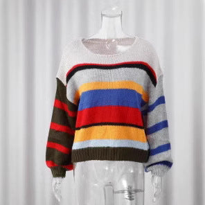 Damen Gemusterter Strickpullover mit Lockeren Ärmeln WW