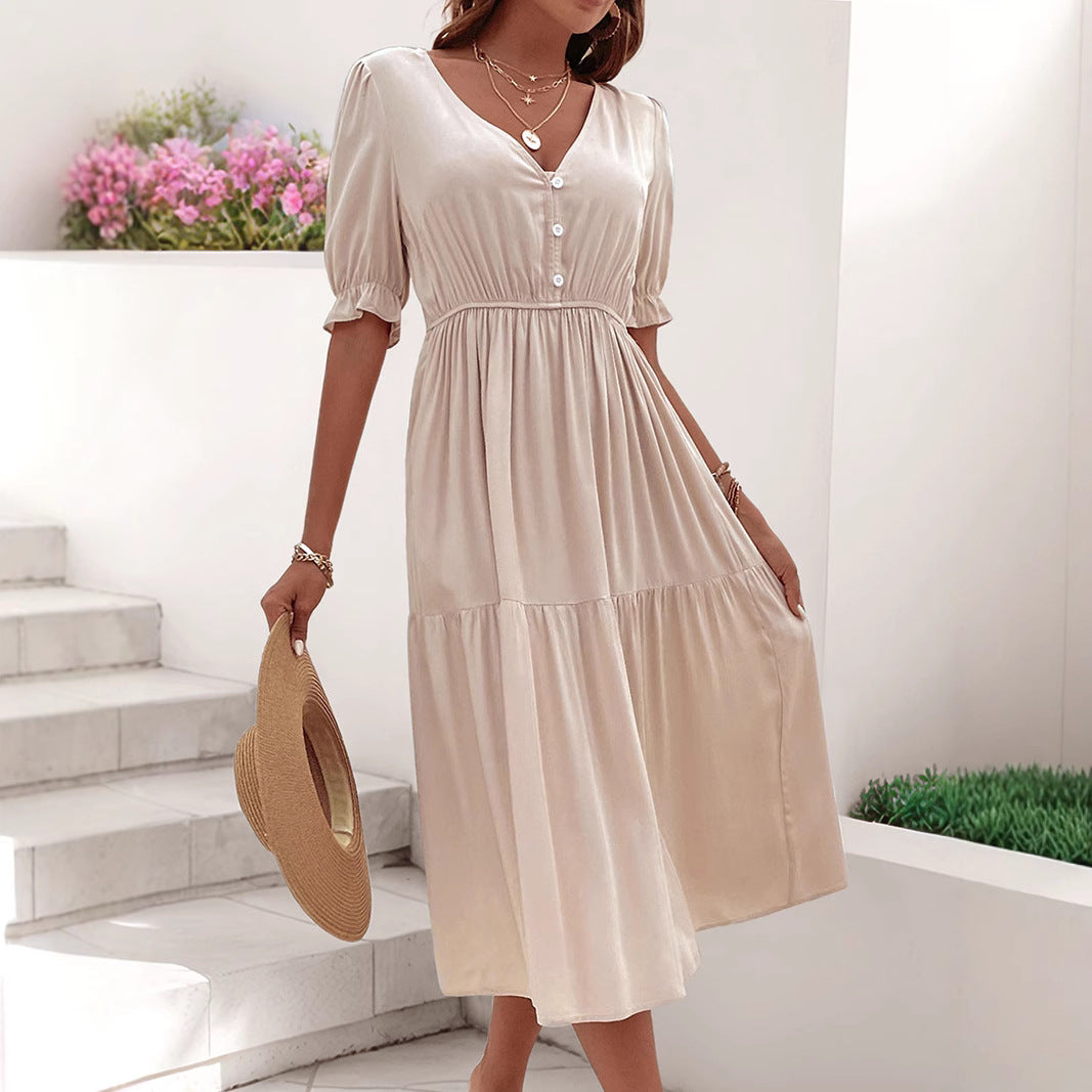 Damen Midi-Kleid mit knöpfbarem V-Ausschnitt und voluminösen Ärmeln WW
