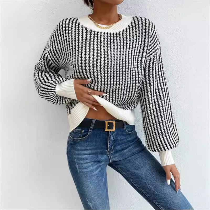 Damen lässiger Strickpullover mit voluminösen Ärmeln und strukturiertem Muster WW